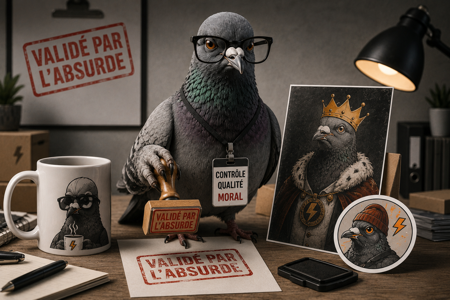 Pigeon satirique validant des produits absurdes imprimés à la demande.