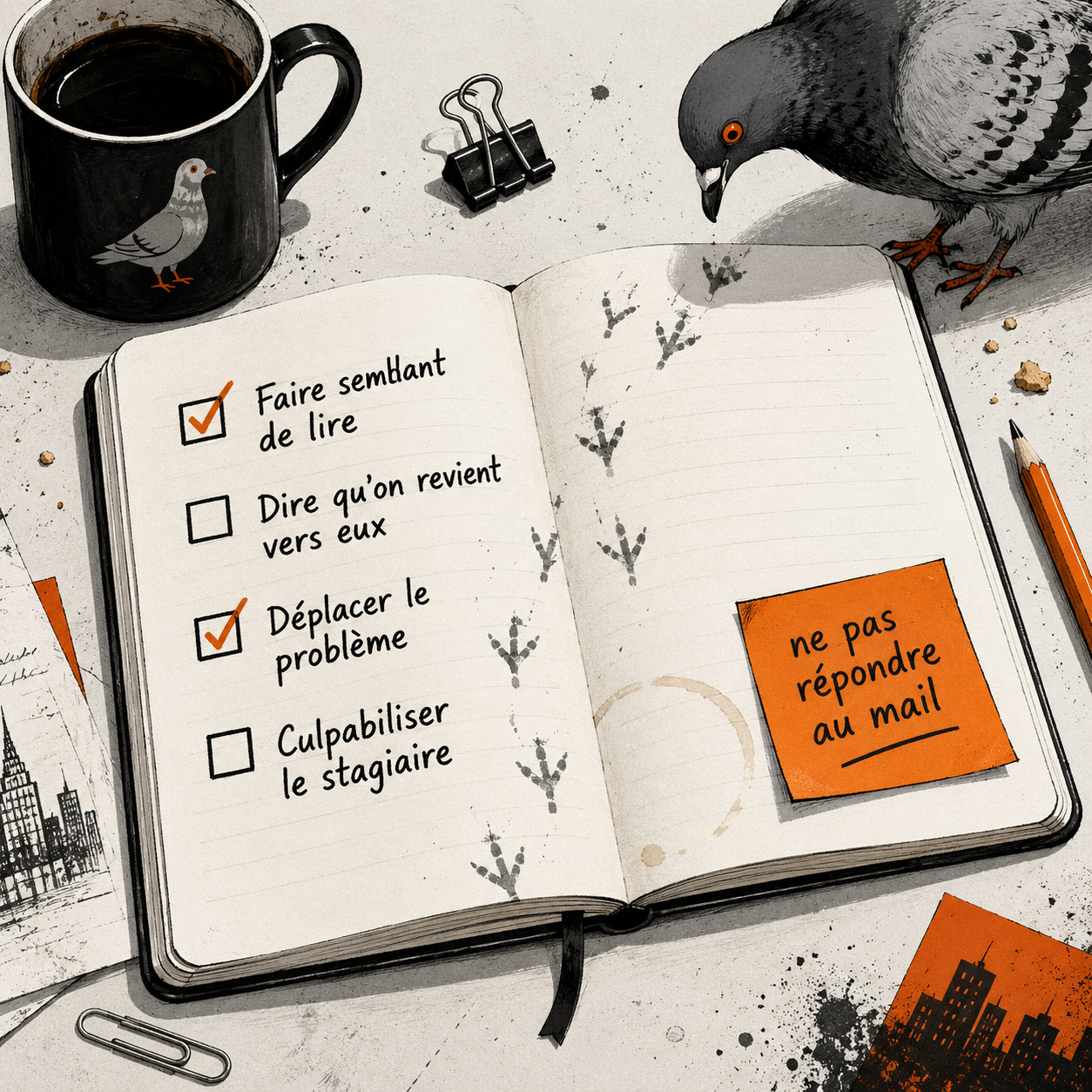 Carnet satirique pour notes, réunions inutiles et paperasse suspecte.