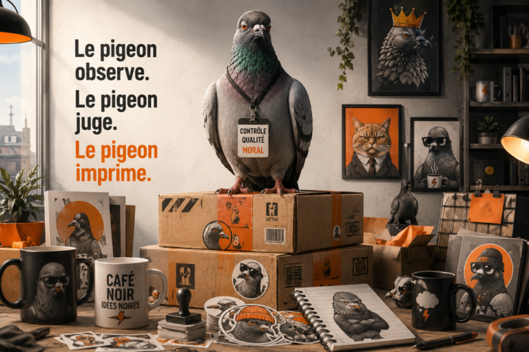 Pigeon satirique contrôlant des colis et produits imprimés à la demande.
