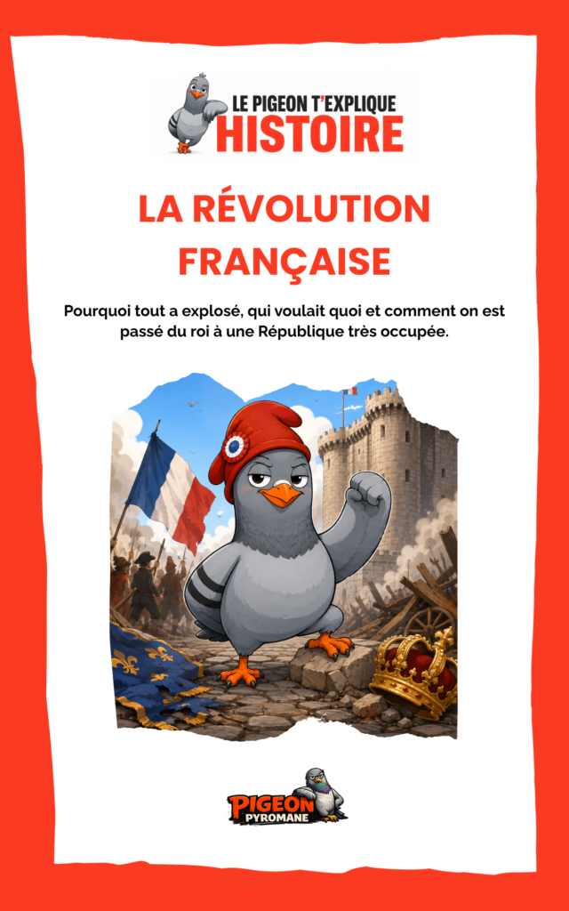 Couverture du livre Le Pigeon t’explique La Révolution française, avec le Pigeon devant la Bastille pendant la Révolution française.