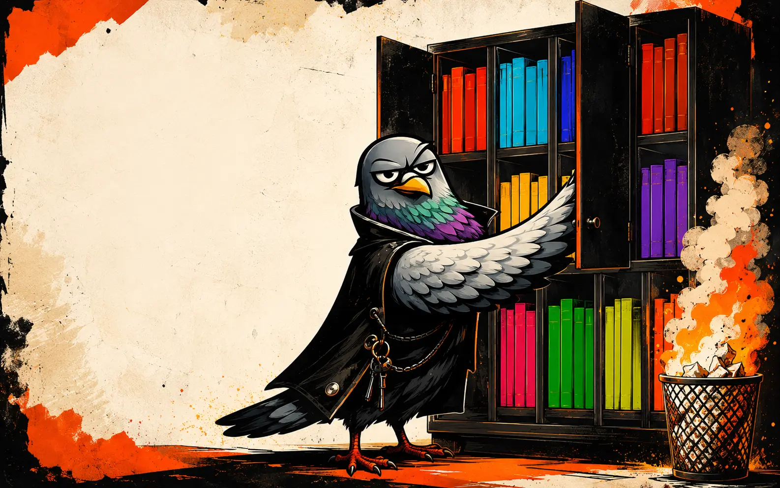 Le Pigeon devant une bibliothèque remplie de livres
