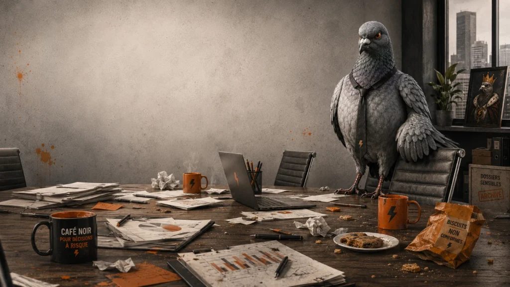 Pigeon patron dans une salle de réunion en désordre après une réunion inutile