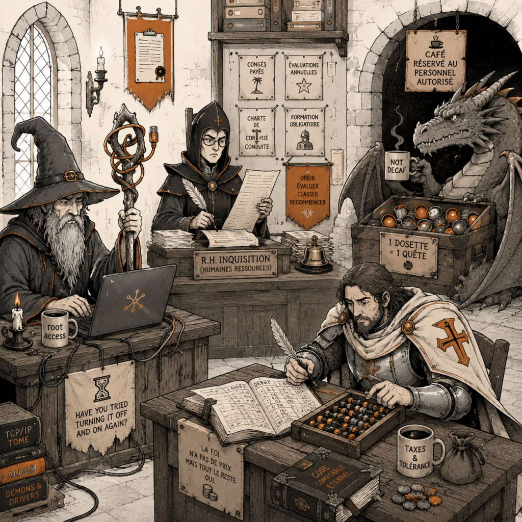 Bureau médiéval rempli de paperasse avec dragon du café et administration fantasy