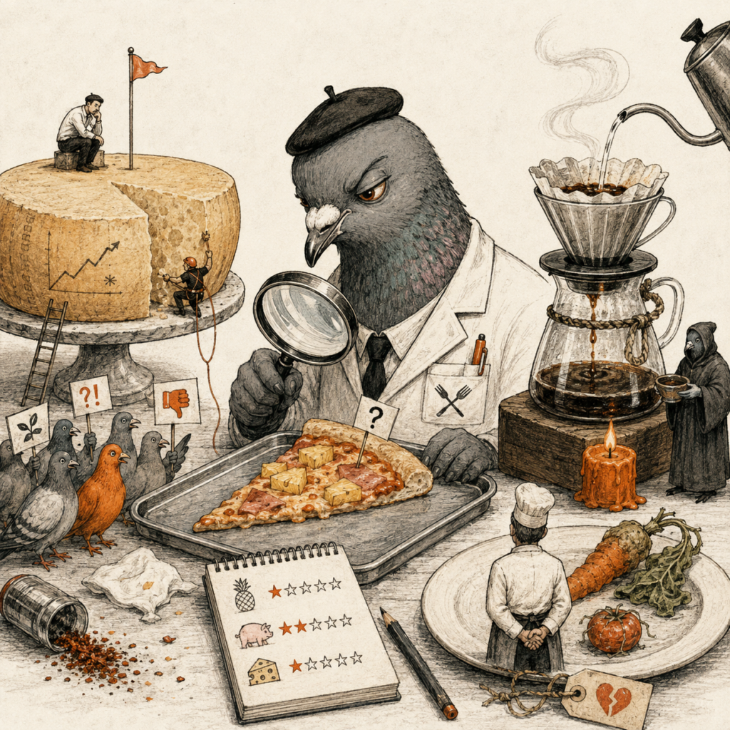 Pigeon inspecteur menant une enquête culinaire absurde