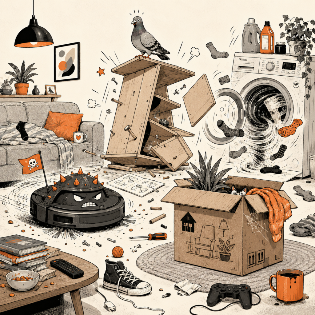 Chaos domestique avec objets ménagers, bricolage et catastrophes du quotidien