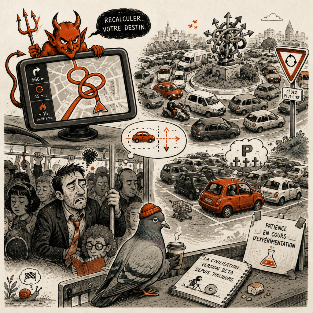 Chaos routier satirique montrant une civilisation en version bêta