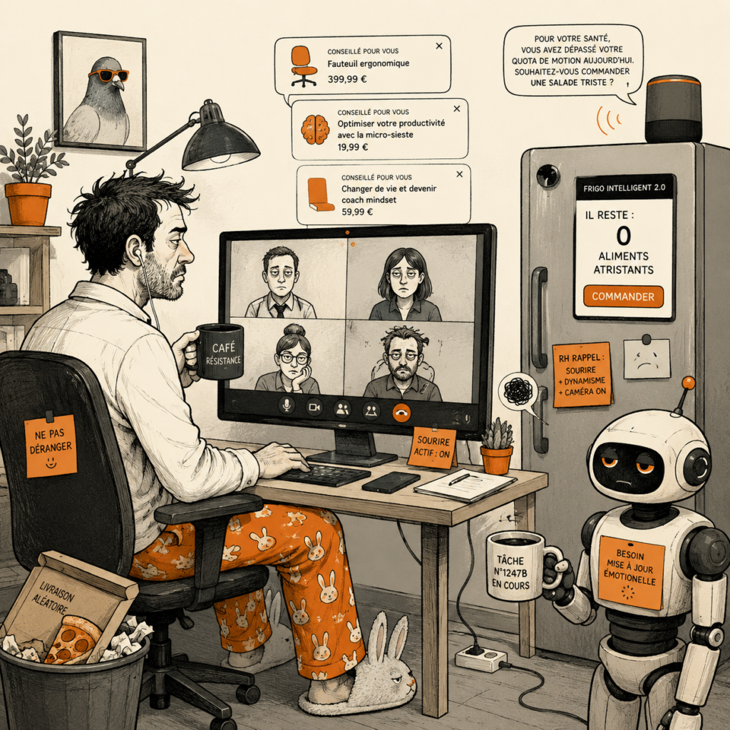 Télétravail dystopique avec écrans, technologie absurde et café de résistance