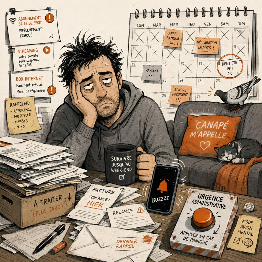 Adulte submergé par la paperasse, les tâches et la fatigue avant le week-end