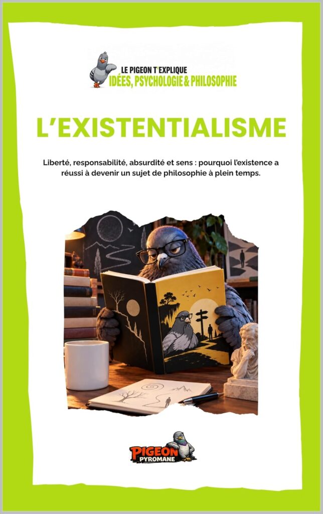 Couverture du livre L’Existentialisme de Pigeon Pyromane, collection Le Pigeon t’explique.