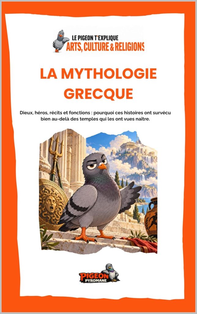 Couverture du livre La Mythologie grecque de Pigeon Pyromane, collection Le Pigeon t’explique.
